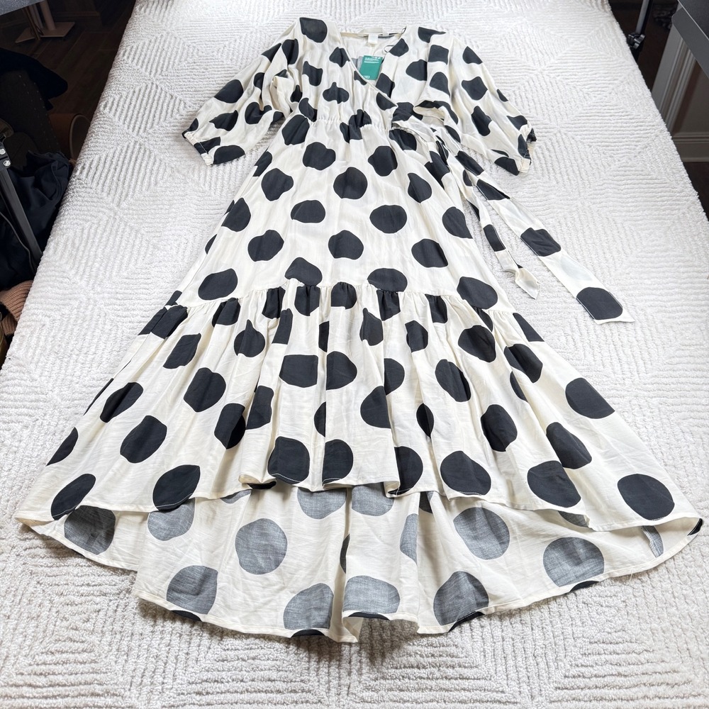H&M Dress Women's Small Ivory Black Polka Dot Tencel Boho Ruffle NWT Scandi Chic